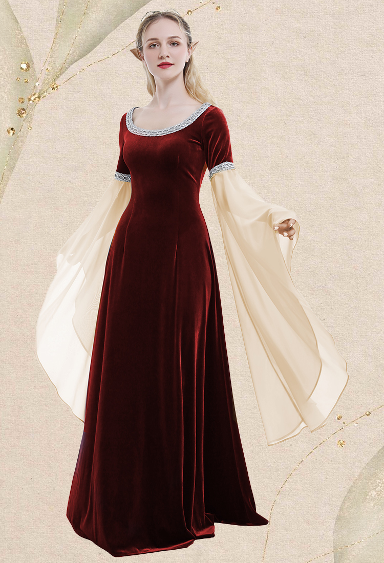 Renaissance Medieval Dress Handmade Vintage Forest Fairy Elf Velvet Back Lace-up Wine Red Evening Dress Cosplay Costume