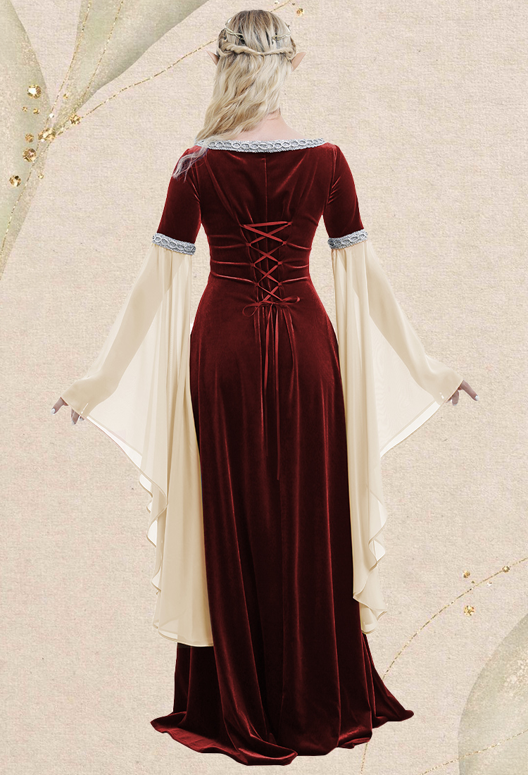 Renaissance Medieval Dress Handmade Vintage Forest Fairy Elf Velvet Back Lace-up Wine Red Evening Dress Cosplay Costume