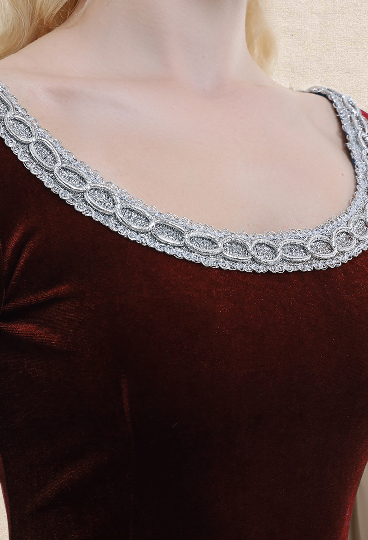 Renaissance Medieval Dress Handmade Vintage Forest Fairy Elf Velvet Back Lace-up Wine Red Evening Dress Cosplay Costume