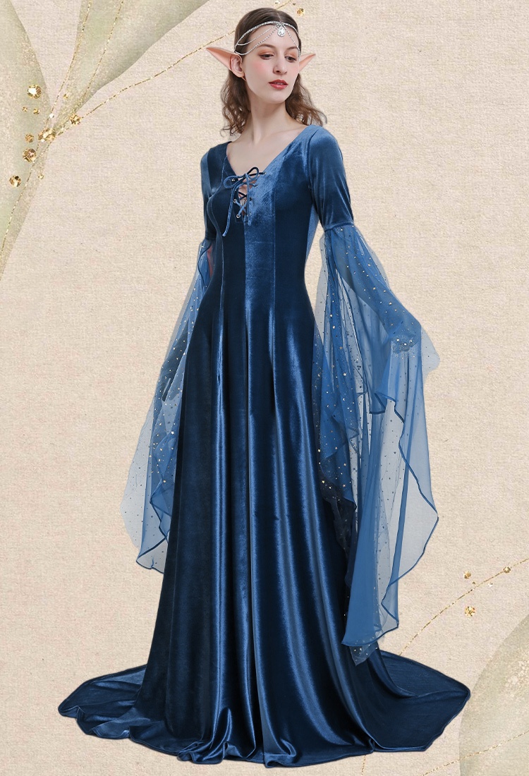 Medieval Renaissance Costume Historical Retro Celtic Fairy Velvet Gown V-neck Lace-up Long Sleeves Dress