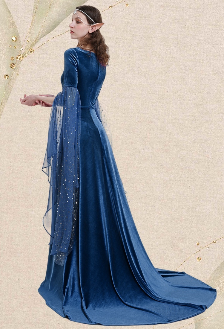 Medieval Renaissance Costume Historical Retro Celtic Fairy Velvet Gown V-neck Lace-up Long Sleeves Dress