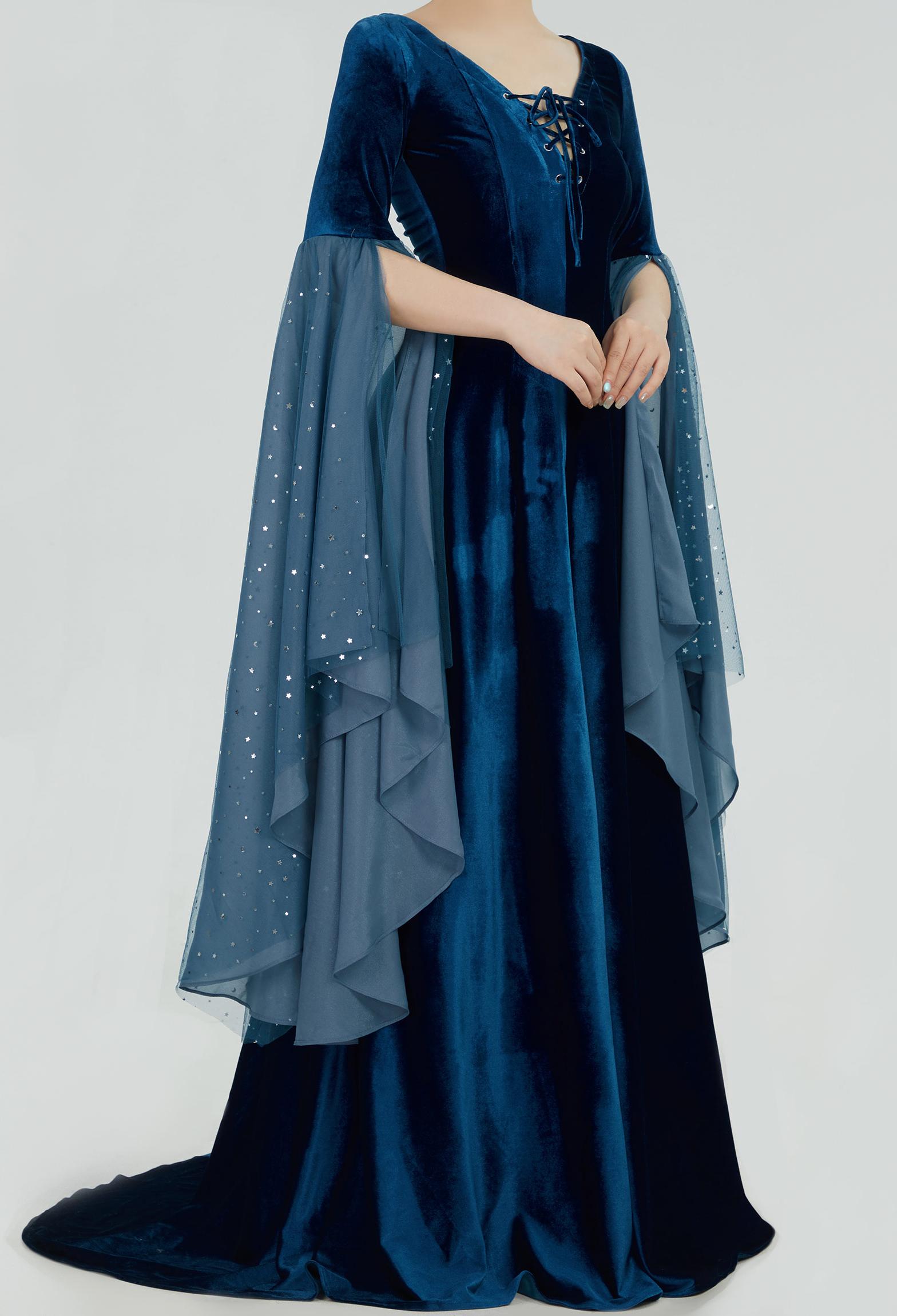 Medieval Renaissance Costume Historical Retro Celtic Fairy Velvet Gown V-neck Lace-up Long Sleeves Dress