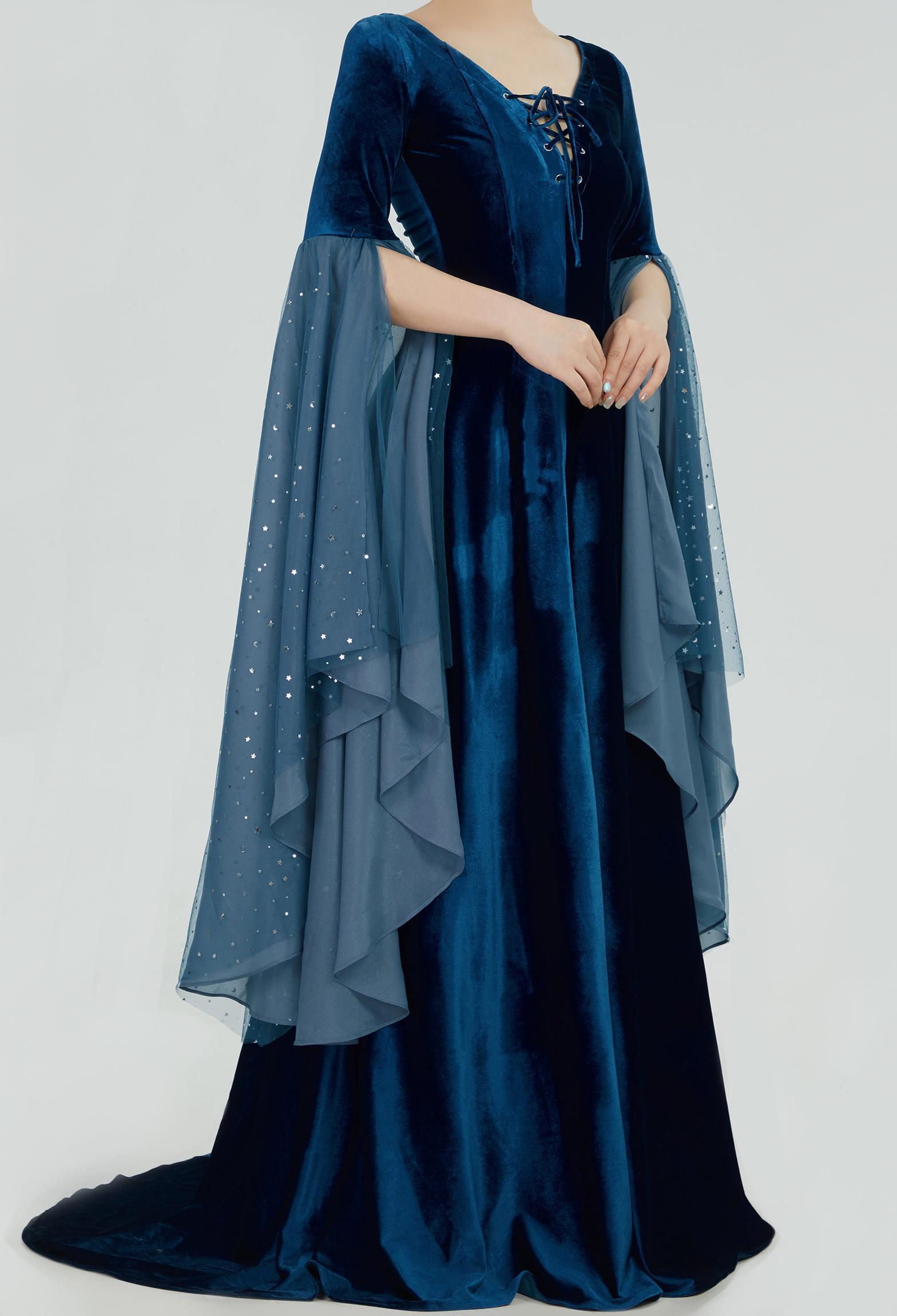 Medieval Renaissance Costume Historical Retro Celtic Fairy Velvet Gown V-neck Lace-up Long Sleeves Dress