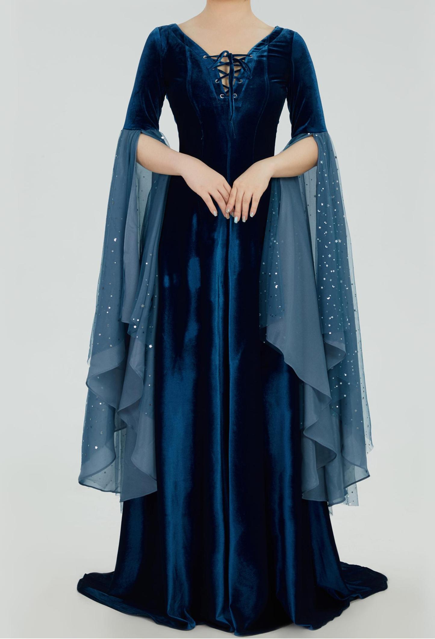 Medieval Renaissance Costume Historical Retro Celtic Fairy Velvet Gown V-neck Lace-up Long Sleeves Dress