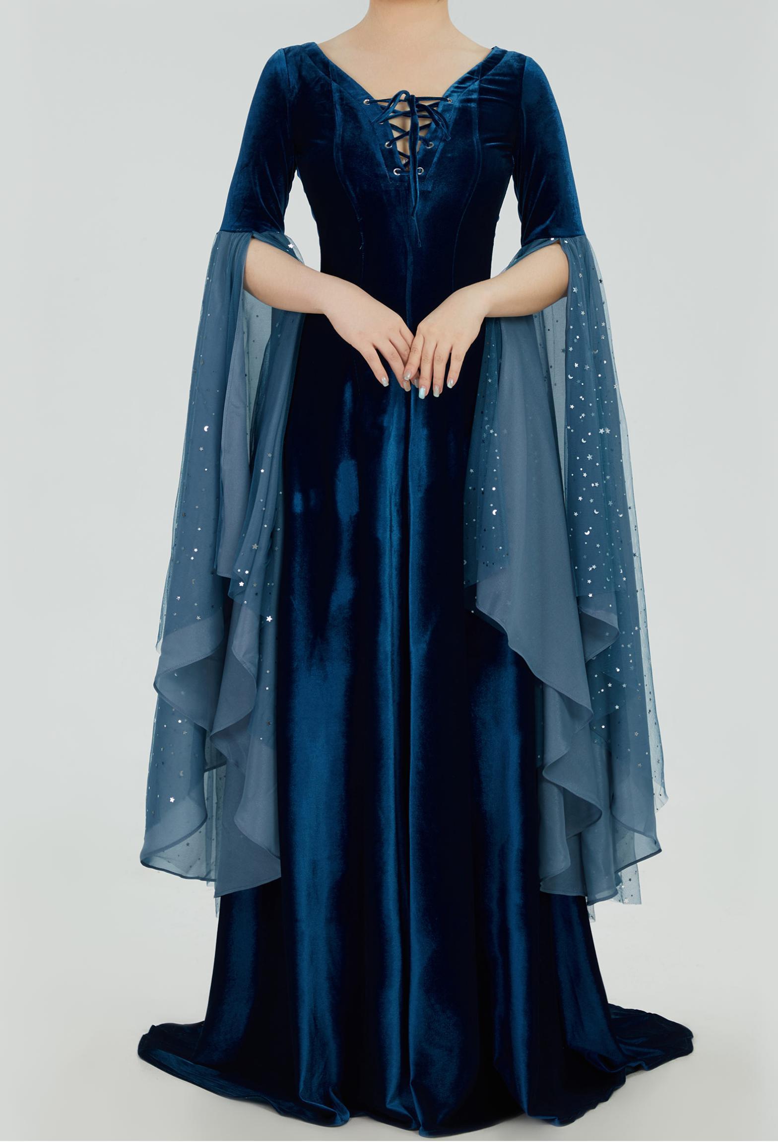 Medieval Renaissance Costume Historical Retro Celtic Fairy Velvet Gown V-neck Lace-up Long Sleeves Dress