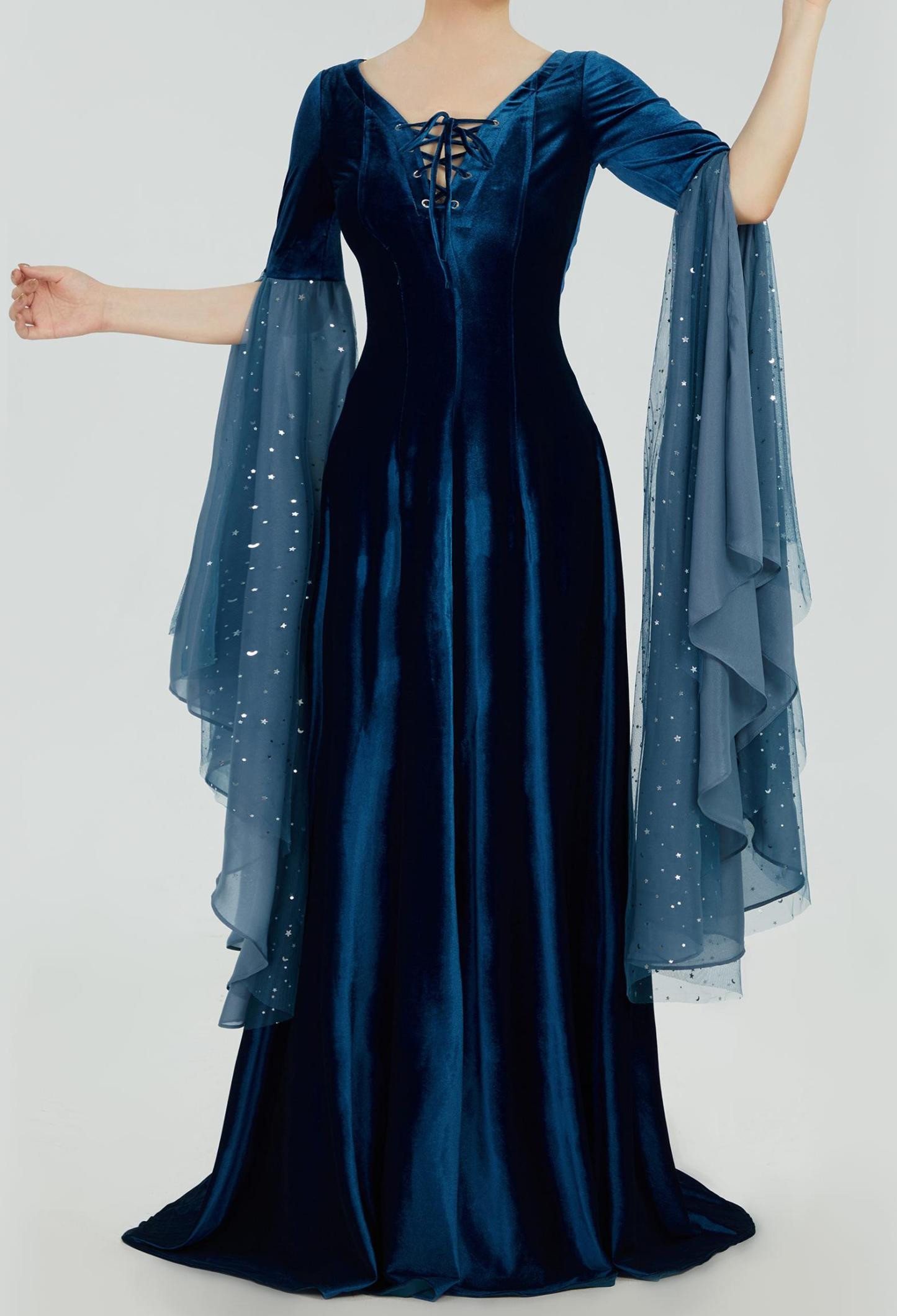 Medieval Renaissance Costume Historical Retro Celtic Fairy Velvet Gown V-neck Lace-up Long Sleeves Dress