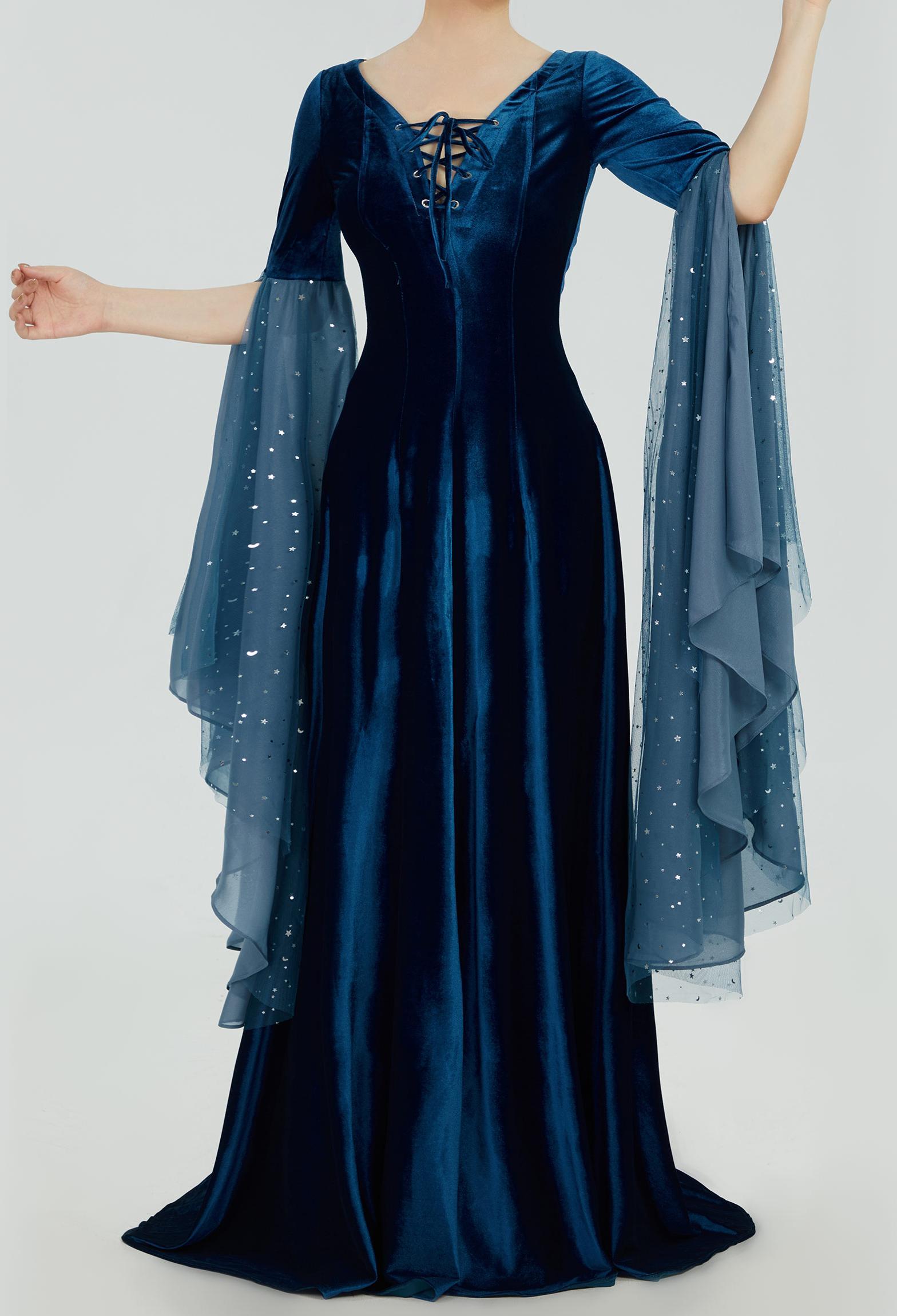 Medieval Renaissance Costume Historical Retro Celtic Fairy Velvet Gown V-neck Lace-up Long Sleeves Dress