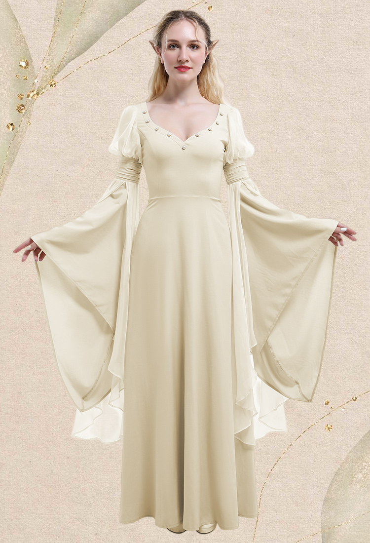 Medieval Renaissance Flower Fairy Elf Dress Khaki Retro Vintage Wide Sleeve Long Dress