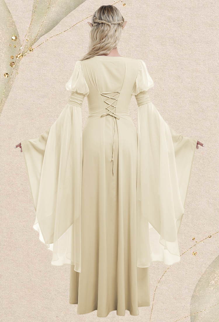 Medieval Renaissance Flower Fairy Elf Dress Khaki Retro Vintage Wide Sleeve Long Dress