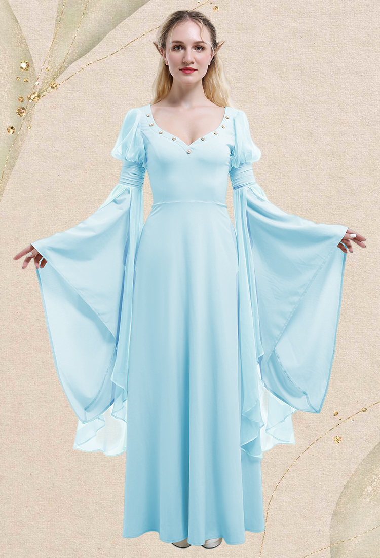 Medieval Renaissance Flower Fairy Elf Dress Light Blue Retro Vintage Long Dress