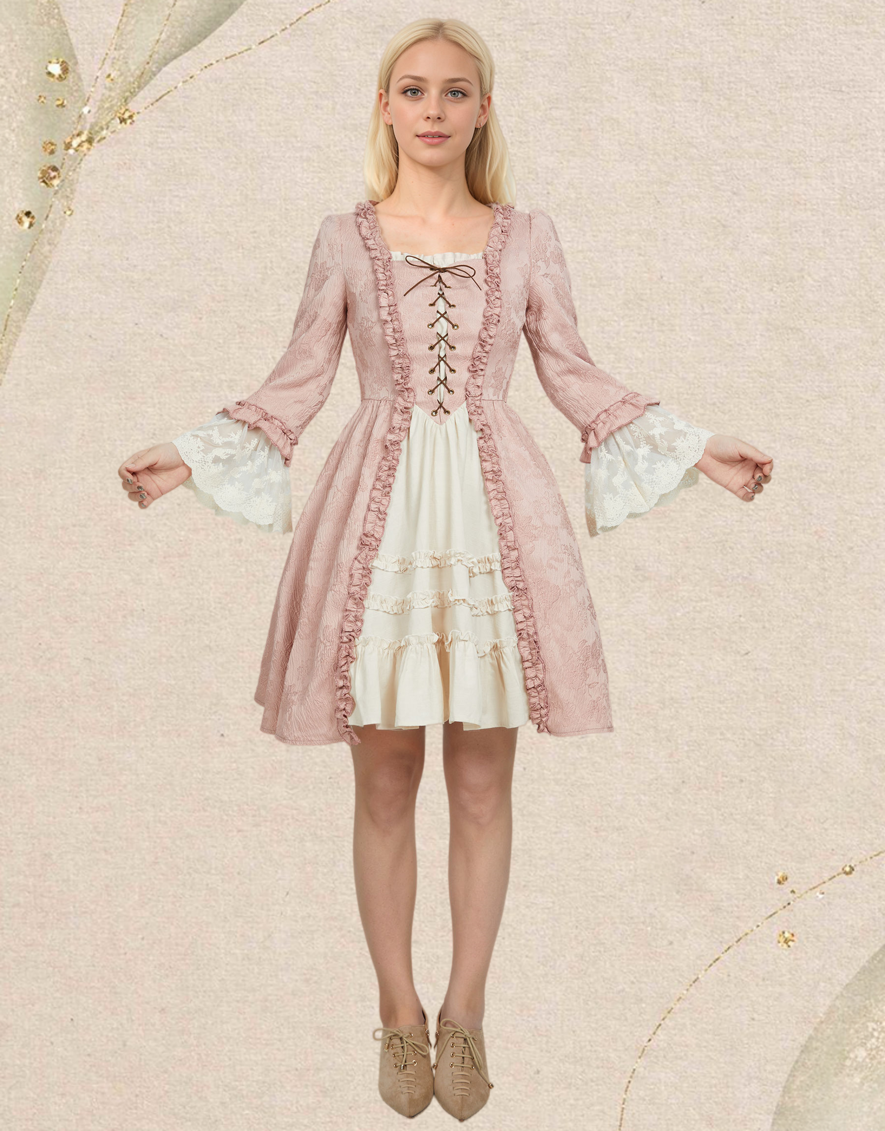 Medieval Renaissance Style Short Dress Rococo Lace Trumpet Sleeves Dress Cosplay Costume