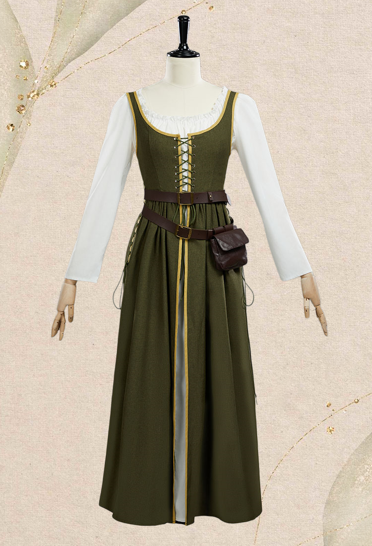 Medieval Renaissance Dress Olive Green Vintage Long Dress with Belt and Waist Bag
