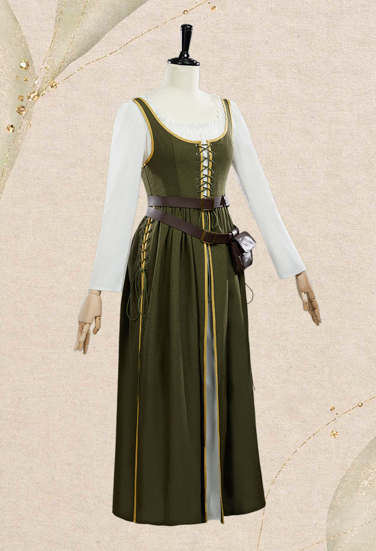 Medieval Renaissance Dress Olive Green Vintage Long Dress with Belt and Waist Bag