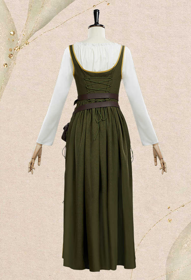 Medieval Renaissance Dress Olive Green Vintage Long Dress with Belt and Waist Bag