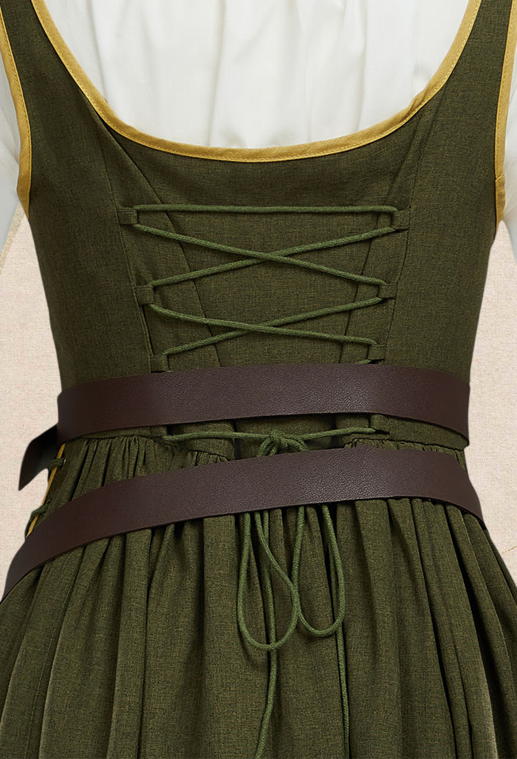 Medieval Renaissance Dress Olive Green Vintage Long Dress with Belt and Waist Bag
