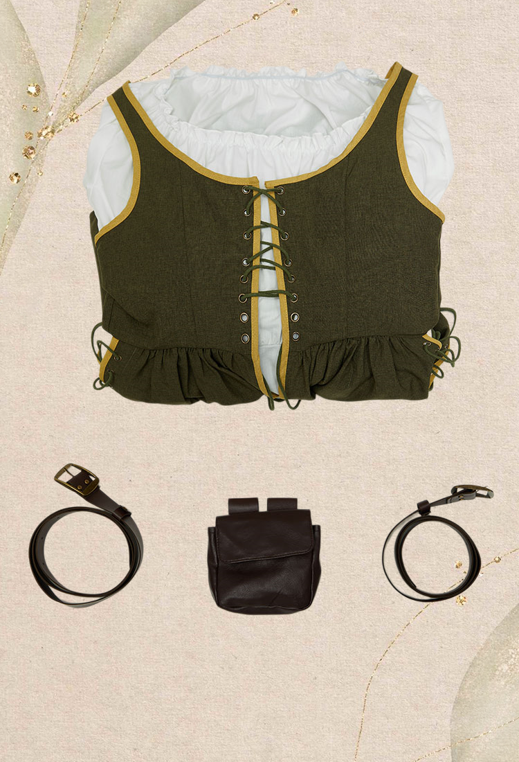 Medieval Renaissance Dress Olive Green Vintage Long Dress with Belt and Waist Bag