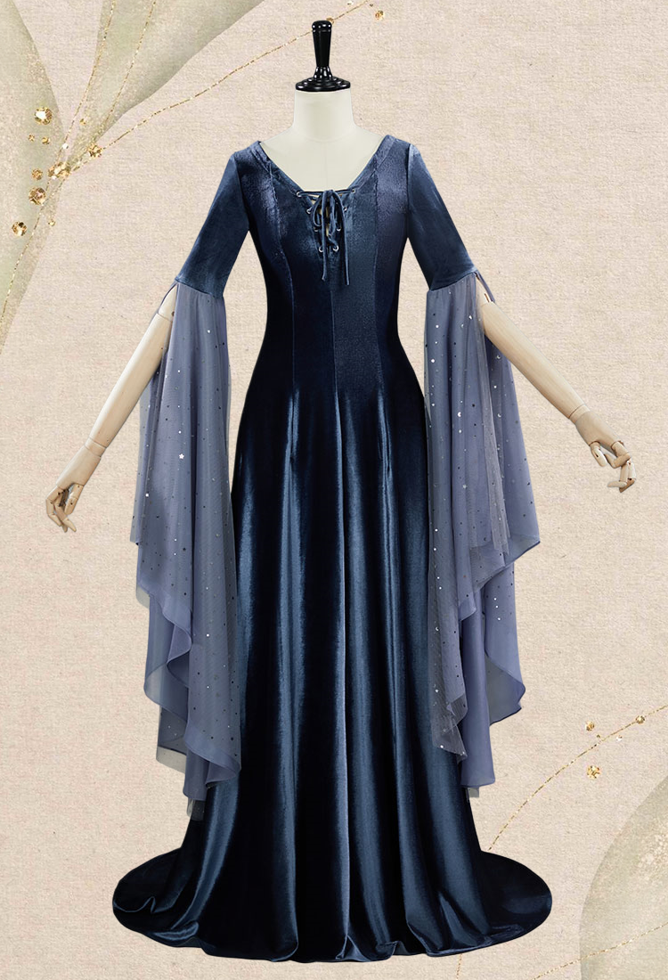 Medieval Renaissance Costume Fairy Style Gray Velvet Long Lace Up Dress