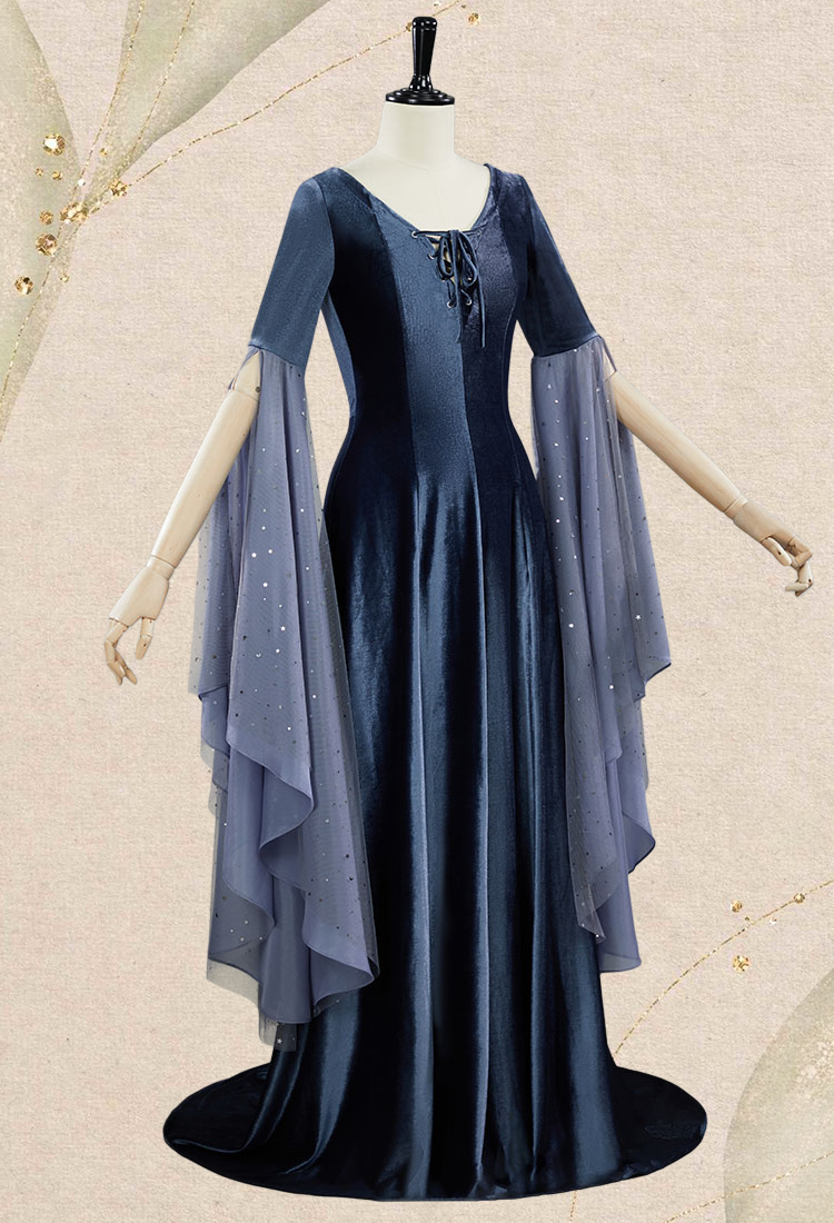 Medieval Renaissance Costume Fairy Style Gray Velvet Long Lace Up Dress