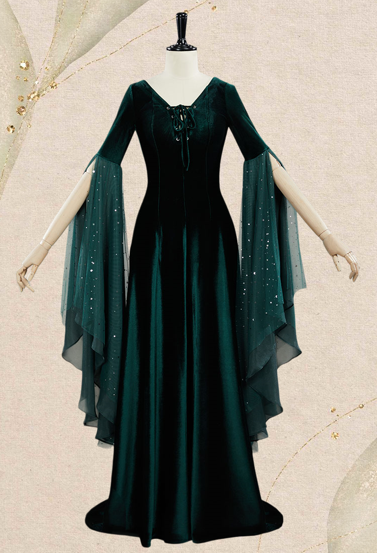 Medieval Renaissance Costume Elf Style Dark Green Velvet Long Lace-up Dress