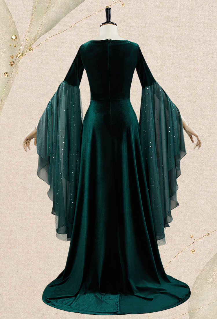 Medieval Renaissance Costume Elf Style Dark Green Velvet Long Lace-up Dress