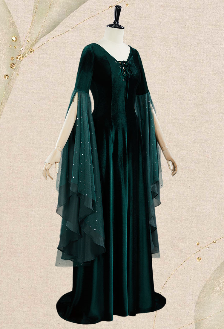 Medieval Renaissance Costume Elf Style Dark Green Velvet Long Lace-up Dress
