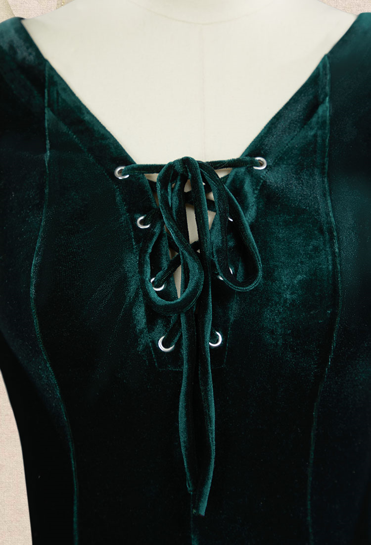 Medieval Renaissance Costume Elf Style Dark Green Velvet Long Lace-up Dress