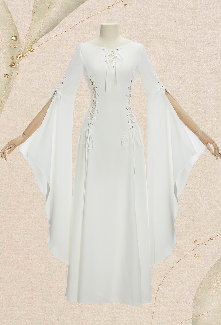 Medieval Renaissance Dress White Long Sleeves Vintage Wedding Dress