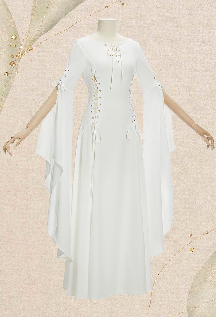 Medieval Renaissance Dress White Long Sleeves Vintage Wedding Dress