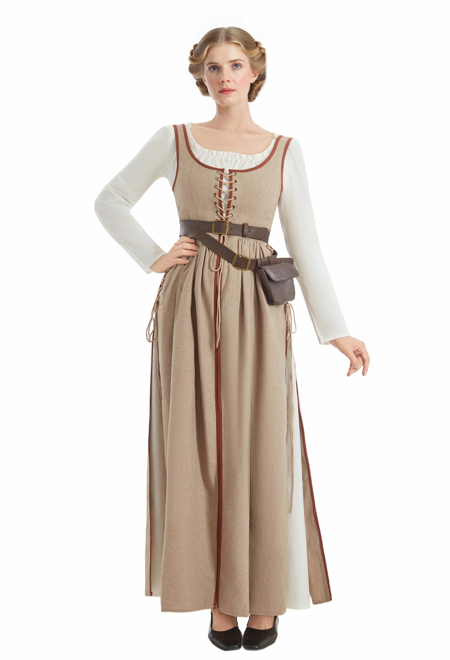 Medieval Renaissance Dress Wheat Color Vintage Fake Two Piece Dress with Belt and Waist Bag