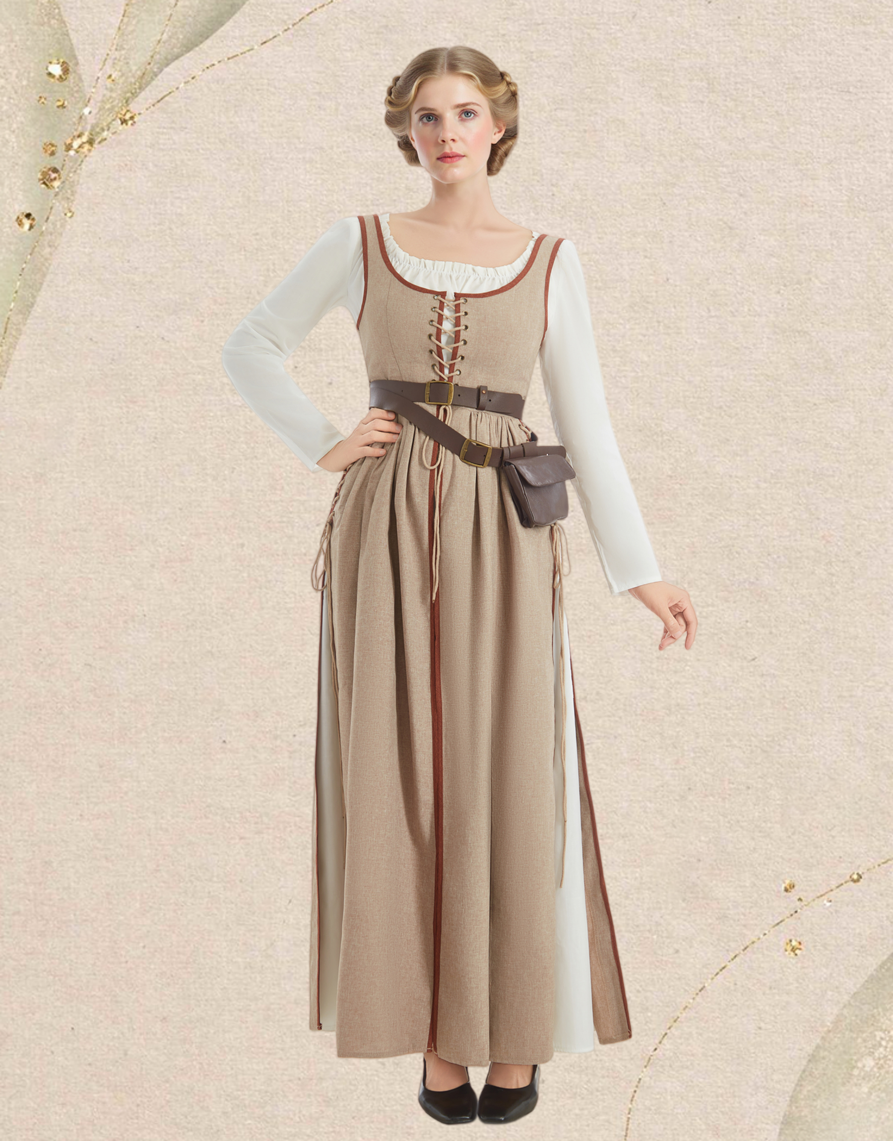 Medieval Renaissance Dress Wheat Color Vintage Fake Two Piece Dress with Belt and Waist Bag