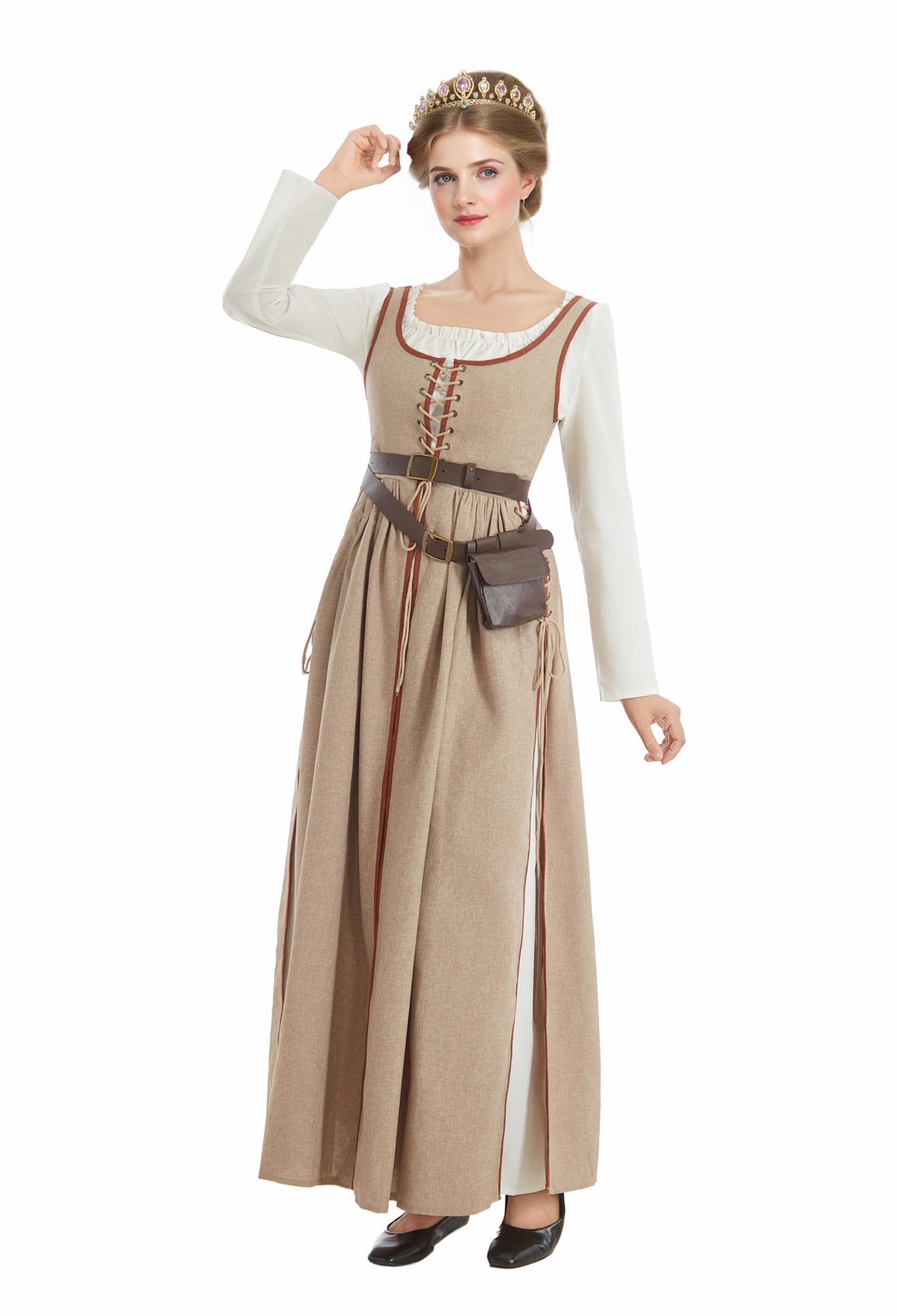Medieval Renaissance Dress Wheat Color Vintage Fake Two Piece Dress with Belt and Waist Bag