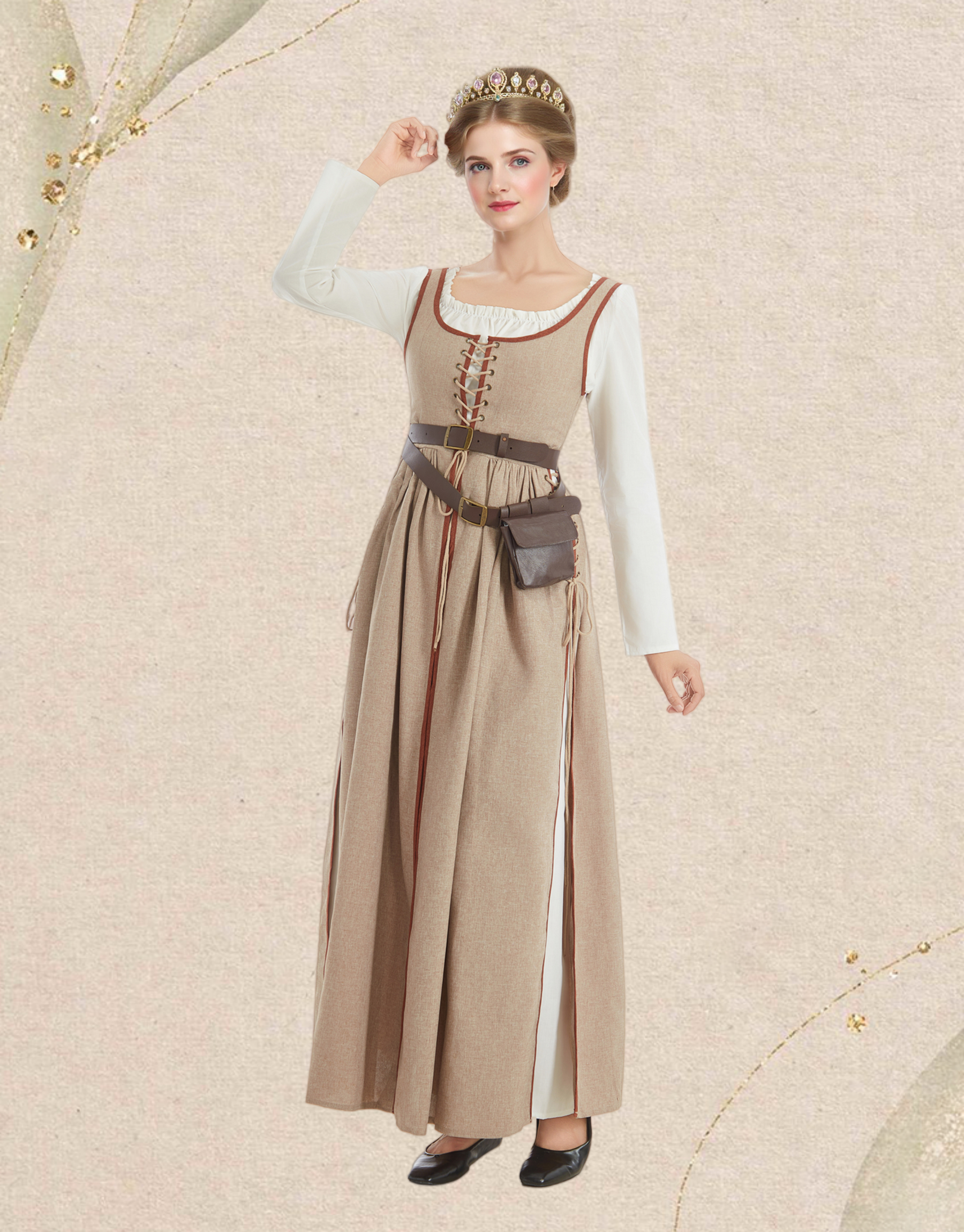 Medieval Renaissance Dress Wheat Color Vintage Fake Two Piece Dress with Belt and Waist Bag