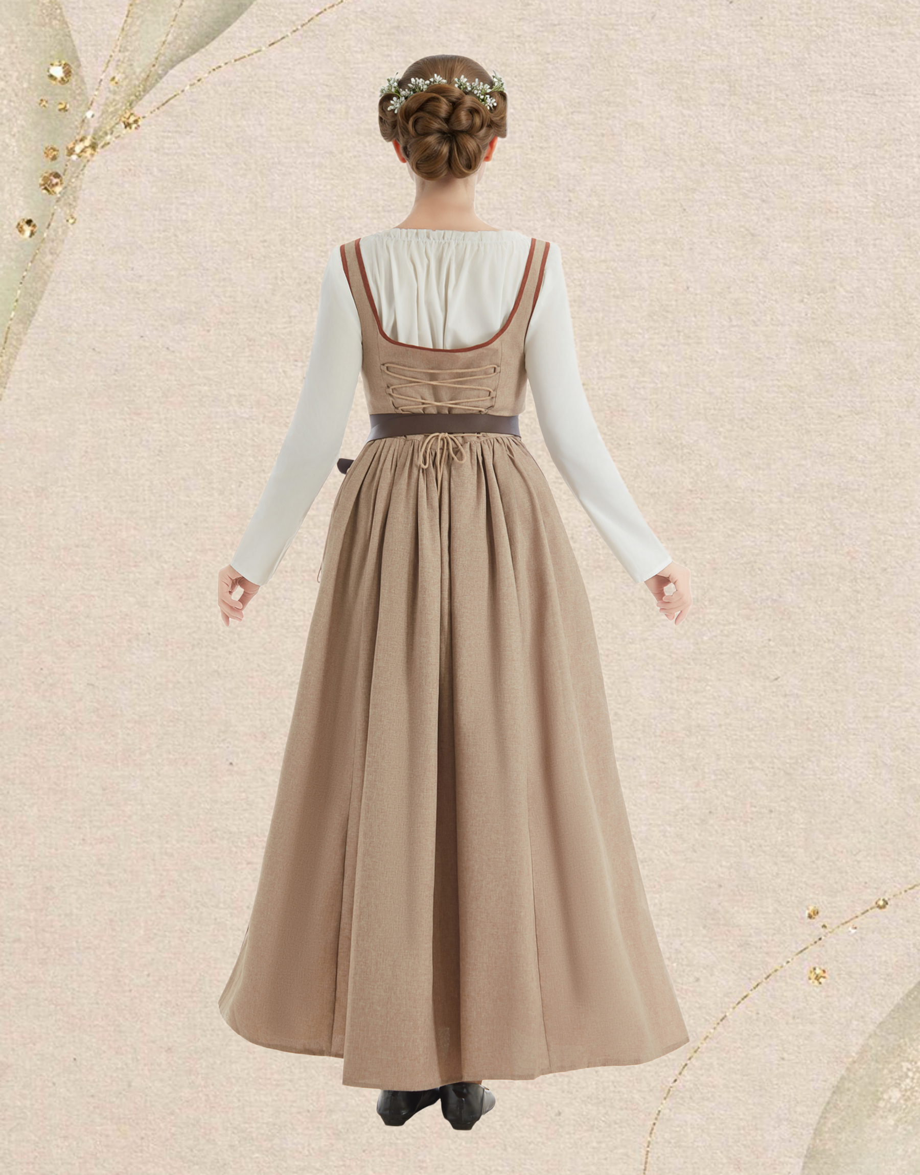 Medieval Renaissance Dress Wheat Color Vintage Fake Two Piece Dress with Belt and Waist Bag