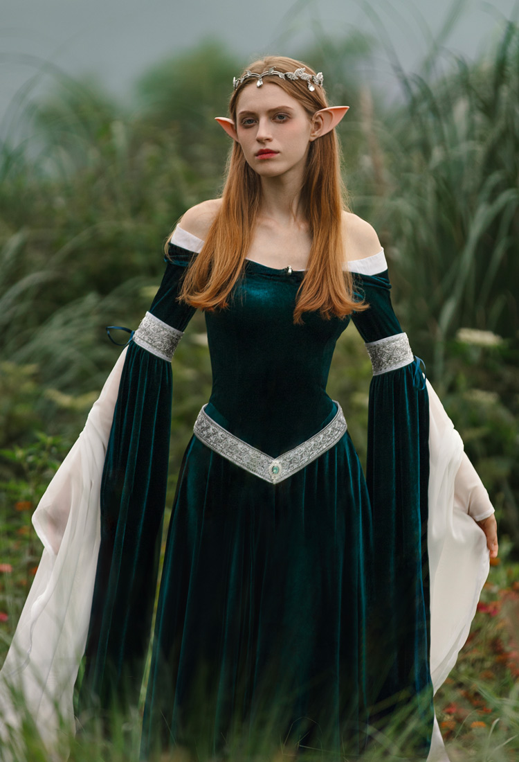 Medieval Renaissance Costume Elf Style Off Shoulder Green Velvet Long Slim-fit Dress