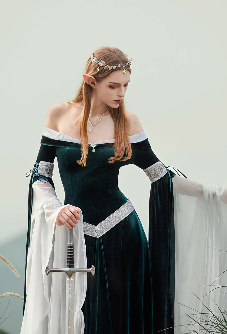 Medieval Renaissance Costume Elf Style Off Shoulder Green Velvet Long Slim-fit Dress