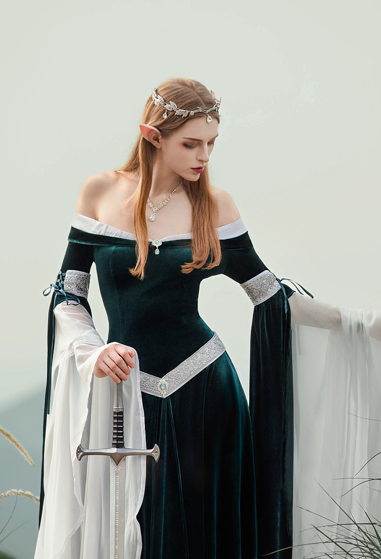 Medieval Renaissance Costume Elf Style Off Shoulder Green Velvet Long Slim-fit Dress