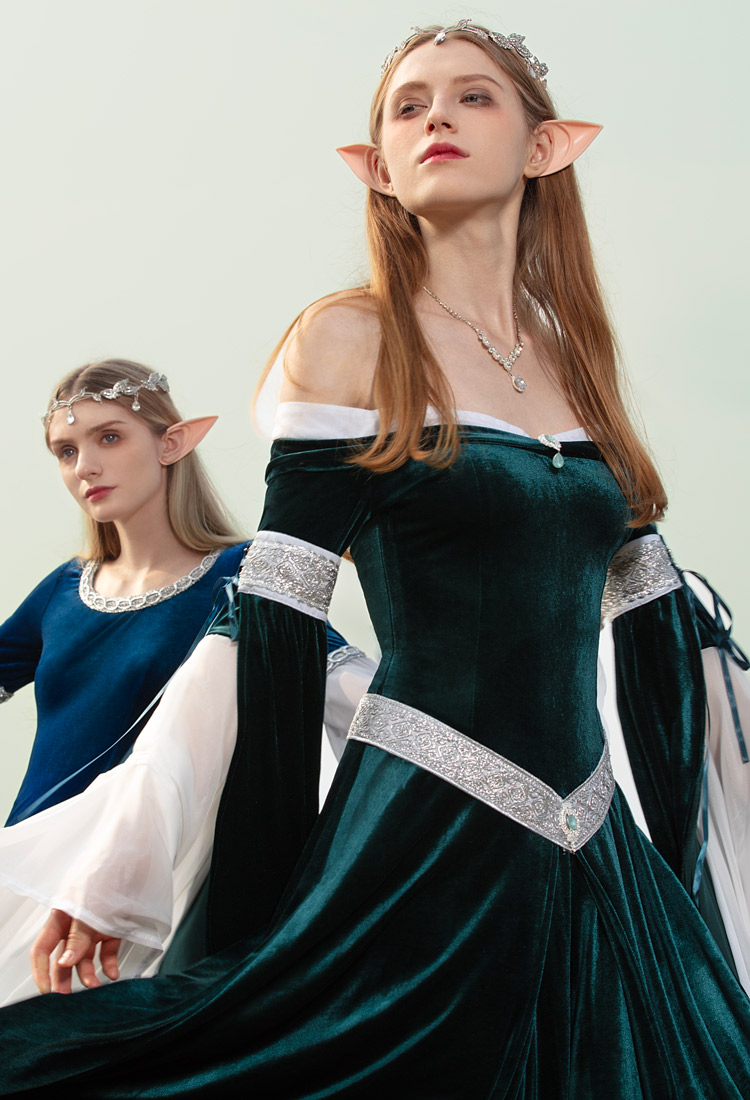 Medieval Renaissance Costume Elf Style Off Shoulder Green Velvet Long Slim-fit Dress