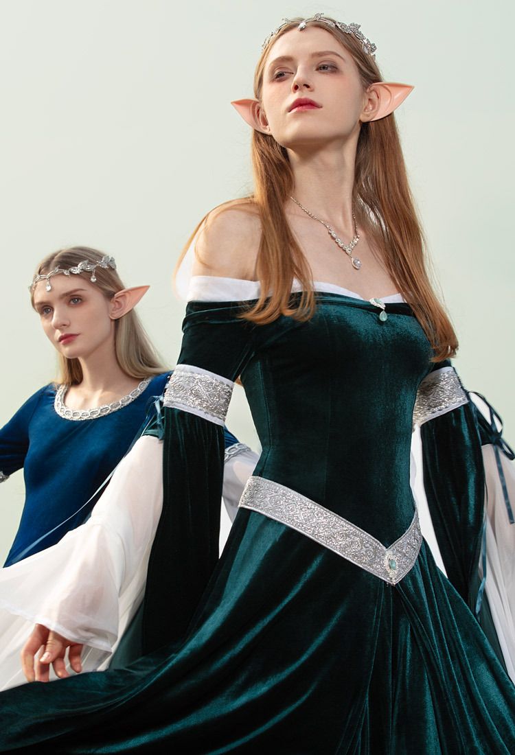 Medieval Renaissance Costume Elf Style Off Shoulder Green Velvet Long Slim-fit Dress
