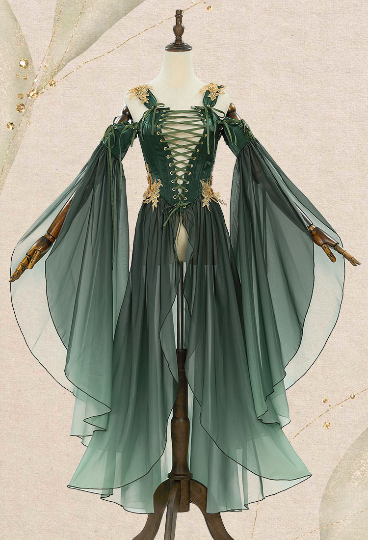 Medieval Renaissance Costume Elf Style Green Dress with Sleeves Cosplay Costume