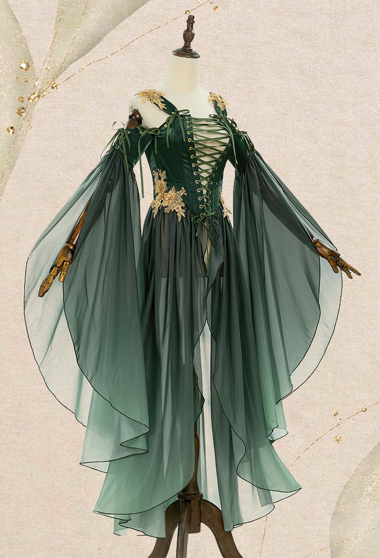 Medieval Renaissance Costume Elf Style Green Dress with Sleeves Cosplay Costume