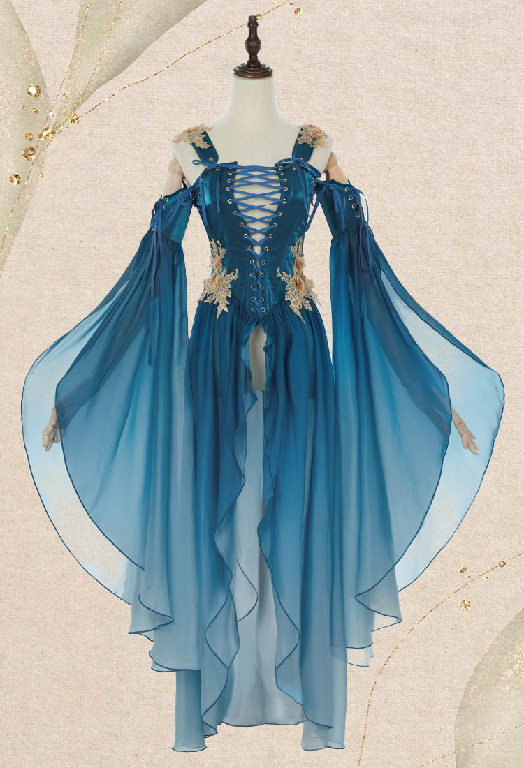 Medieval Renaissance Clothing Elf Style Blue Gradient Dress with Sleeves Cosplay Costume