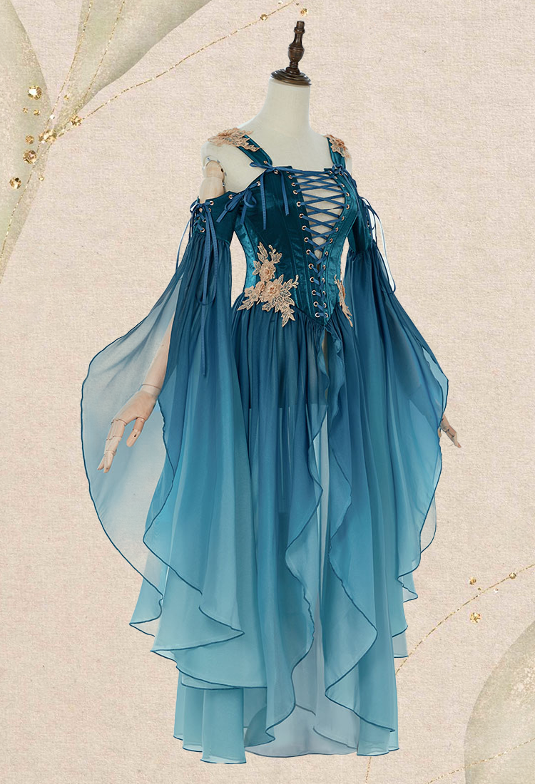 Medieval Renaissance Clothing Elf Style Blue Gradient Dress with Sleeves Cosplay Costume