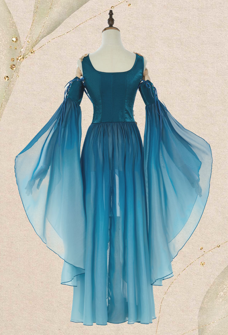 Medieval Renaissance Clothing Elf Style Blue Gradient Dress with Sleeves Cosplay Costume