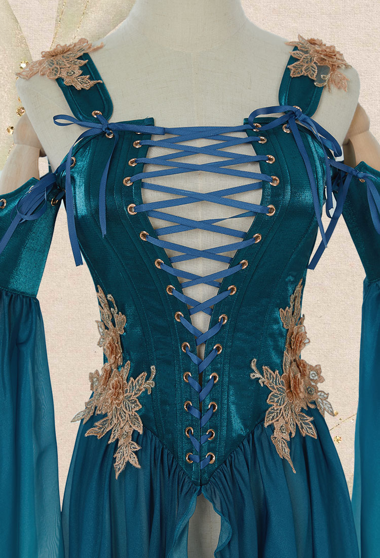 Medieval Renaissance Clothing Elf Style Blue Gradient Dress with Sleeves Cosplay Costume