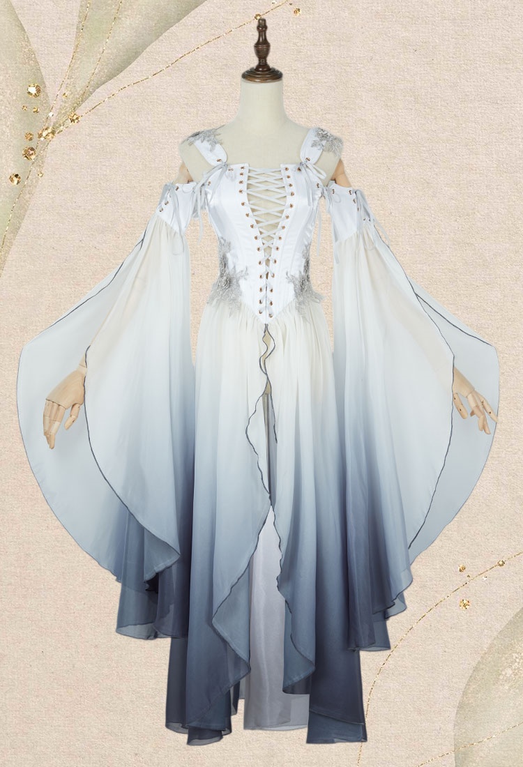 Medieval Renaissance Clothing Elf Style White Grey Gradient Dress with Sleeves Cosplay Costume