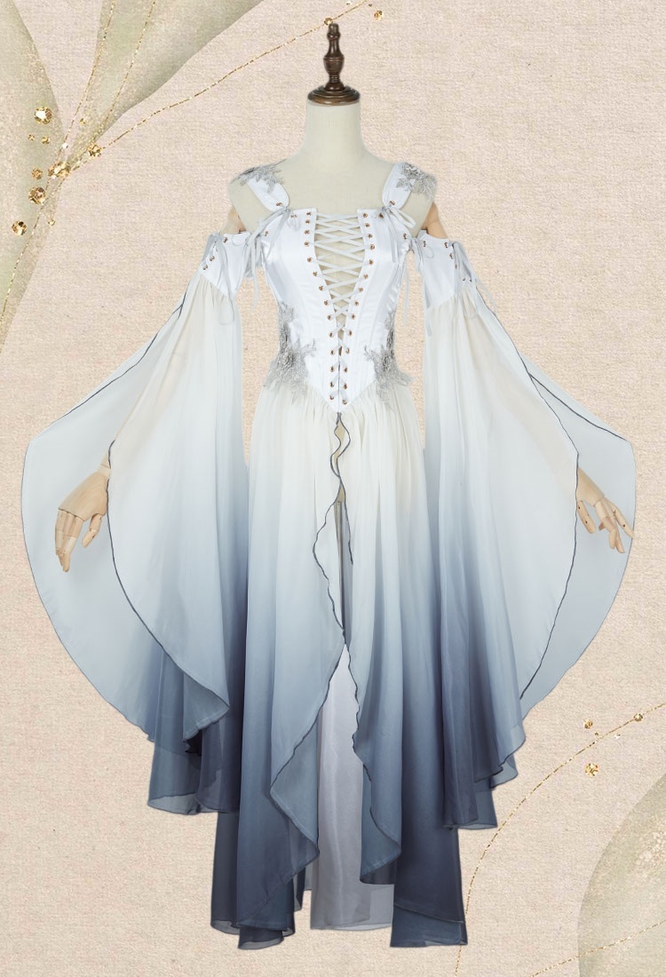Medieval Renaissance Clothing Elf Style White Grey Gradient Dress with Sleeves Cosplay Costume