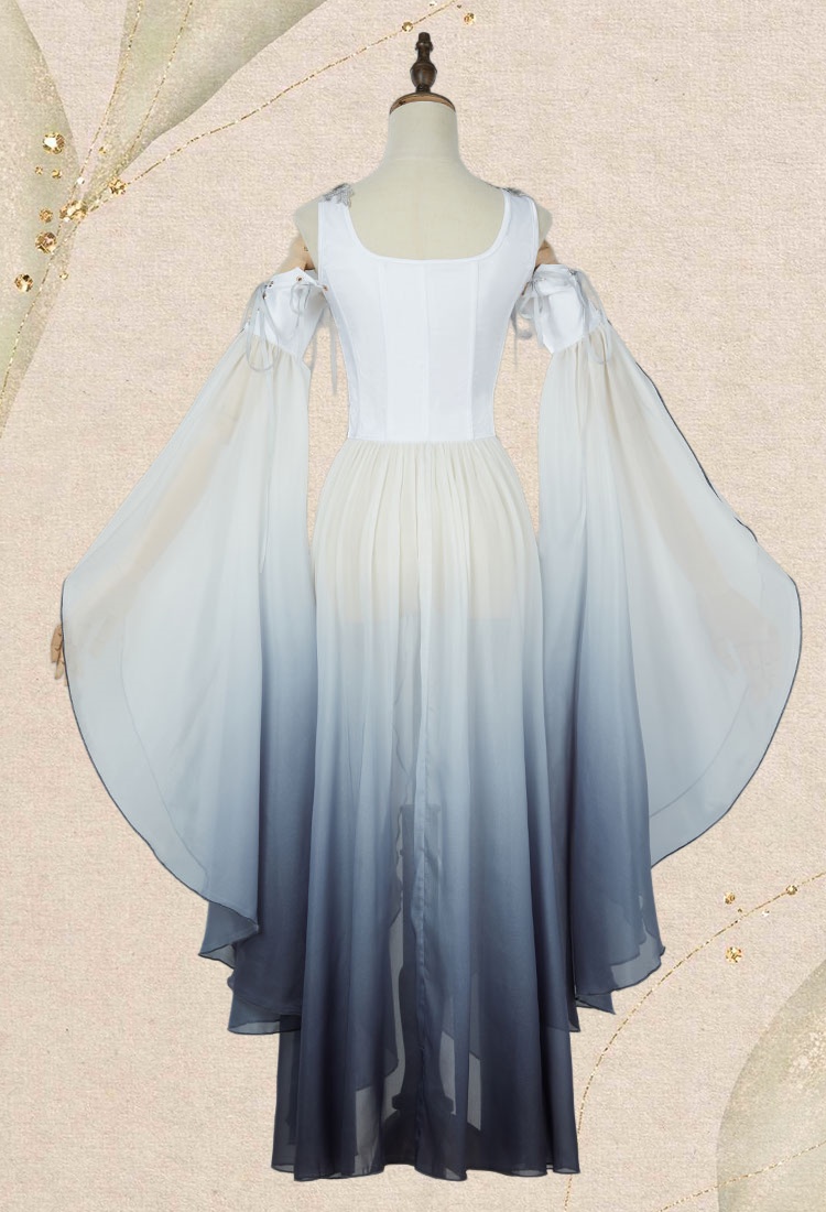 Medieval Renaissance Clothing Elf Style White Grey Gradient Dress with Sleeves Cosplay Costume