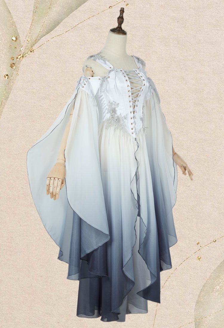 Medieval Renaissance Clothing Elf Style White Grey Gradient Dress with Sleeves Cosplay Costume