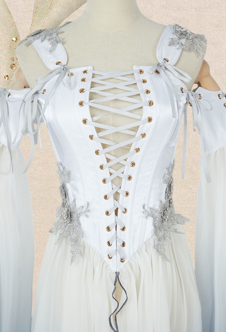 Medieval Renaissance Clothing Elf Style White Grey Gradient Dress with Sleeves Cosplay Costume