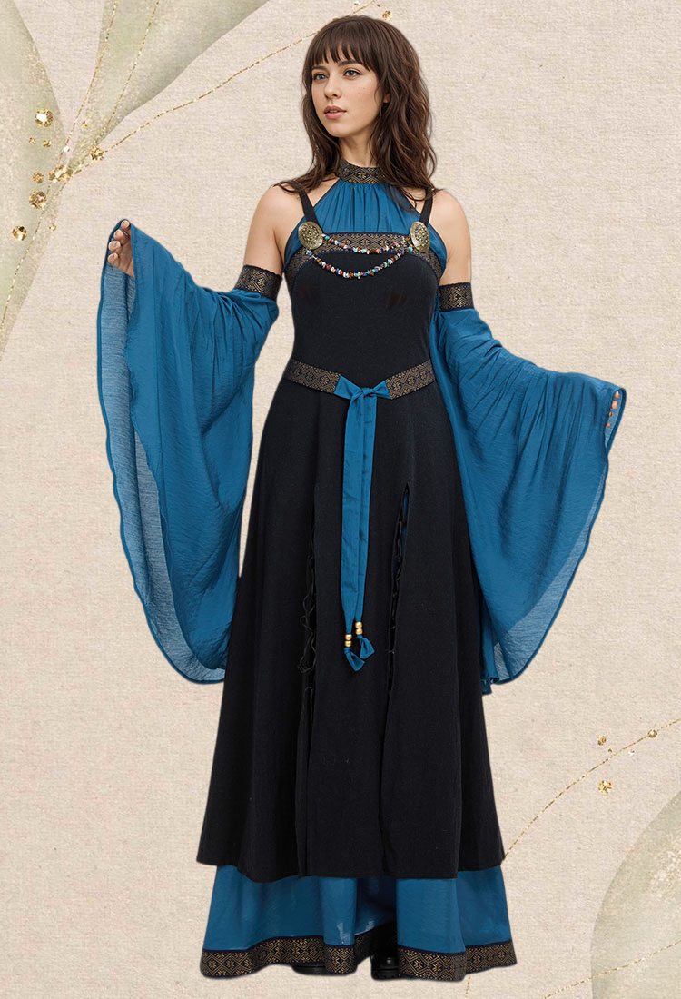 Medieval Renaissance Dress Costume Viking Elf Off Shoulder Dress with Belt and Sleeves Cosplay Costume